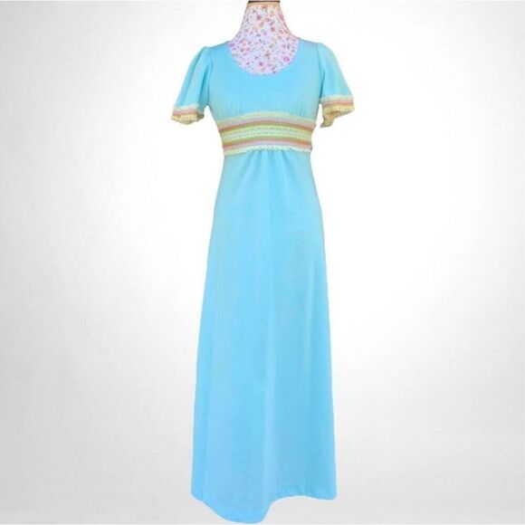Allegro NY Vintage 70's Dress Light Sky Blue Empire Waist Maxi Crochet Detail Si - Picture 1 of 9